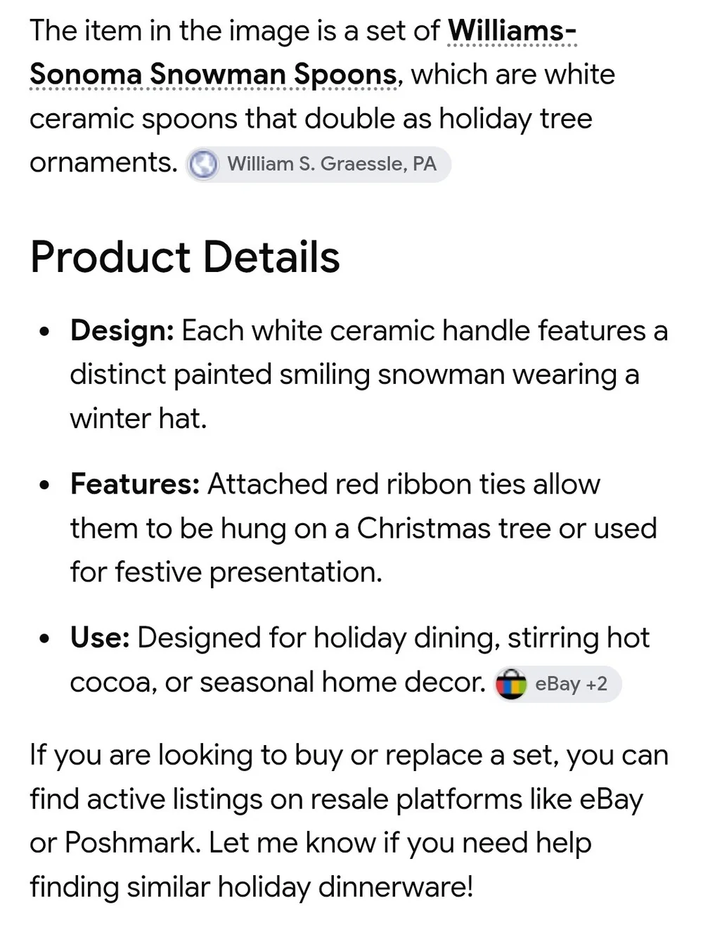NIP Williams Sonoma White Ceramic Snowman Spoon Set with Red Ribbon